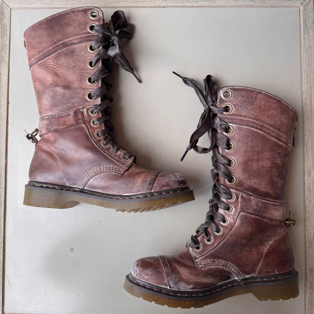 Dr. Martens Triumph Boots Womens Sz 8 Brown Pink Floral Foldover Tall Combat - Picture 6 of 16